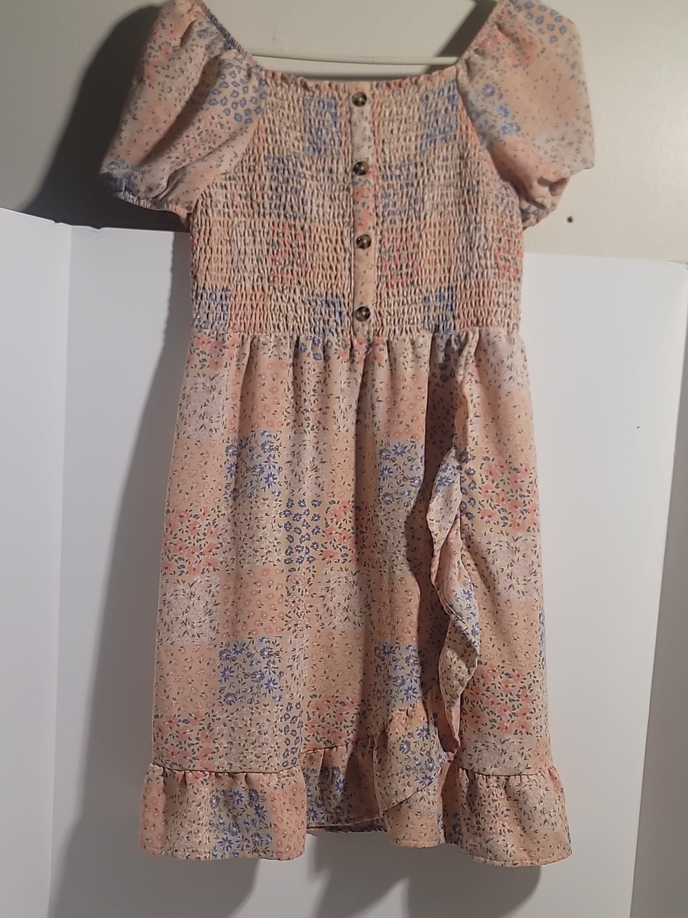 wonder nation Peach Floral Smocked Dress with Blue Accents
